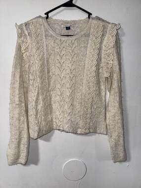American Eagle Lace Ruffle Sweater Cream Medium